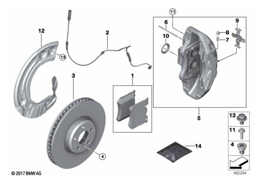 Front brake pads + front brake discs + wear sensor 5 G60 G61 / 7 G70 (34108842388 + 34356770998 + 34108840311 + 34108840312)