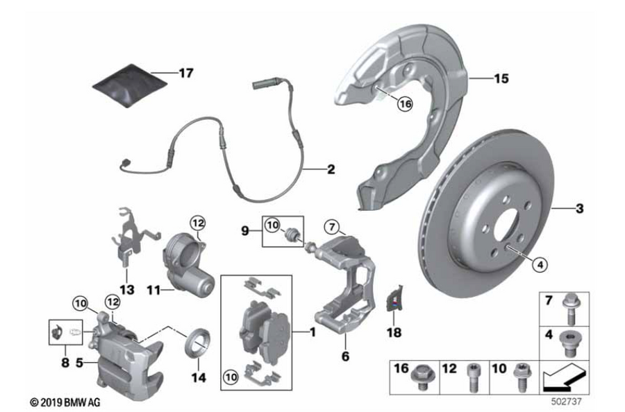 Rear brake pads + wear sensor + rear brake discs X5 G05 (34216867175 + 34356870352 + 34206896673 + 34206896674)