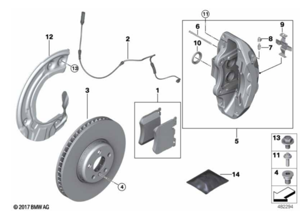 Klocki hamulcowe przód + tarcze hamulcowe przód + czujnik zużycia 5 G60 G61 / 7 G70 (34108842388 + 34356770998 + 34108840311 + 34108840312)