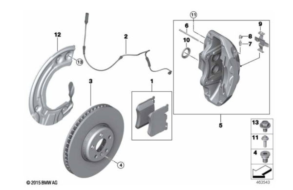 Klocki hamulcowe przód + tarcze hamulcowe + czujnik zużycia 3 G20 G21 M340i / 4 G22 G26 M440i (34116889585 + 34356870349 + 34116875283 + 34116875284)